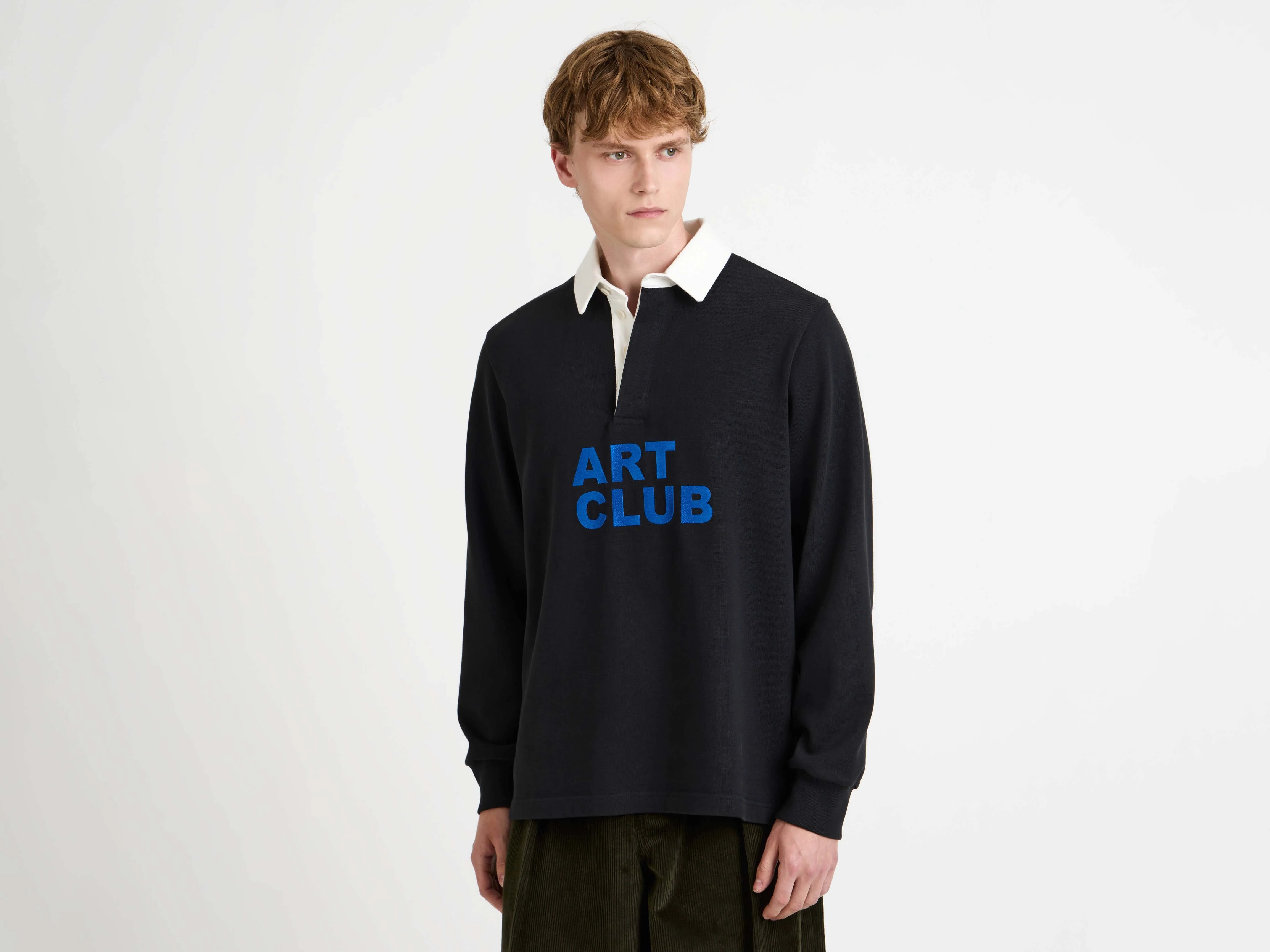 MENS 'ART CLUB' RUGBY POLO TOP IN WASHED BLACK - Image 6