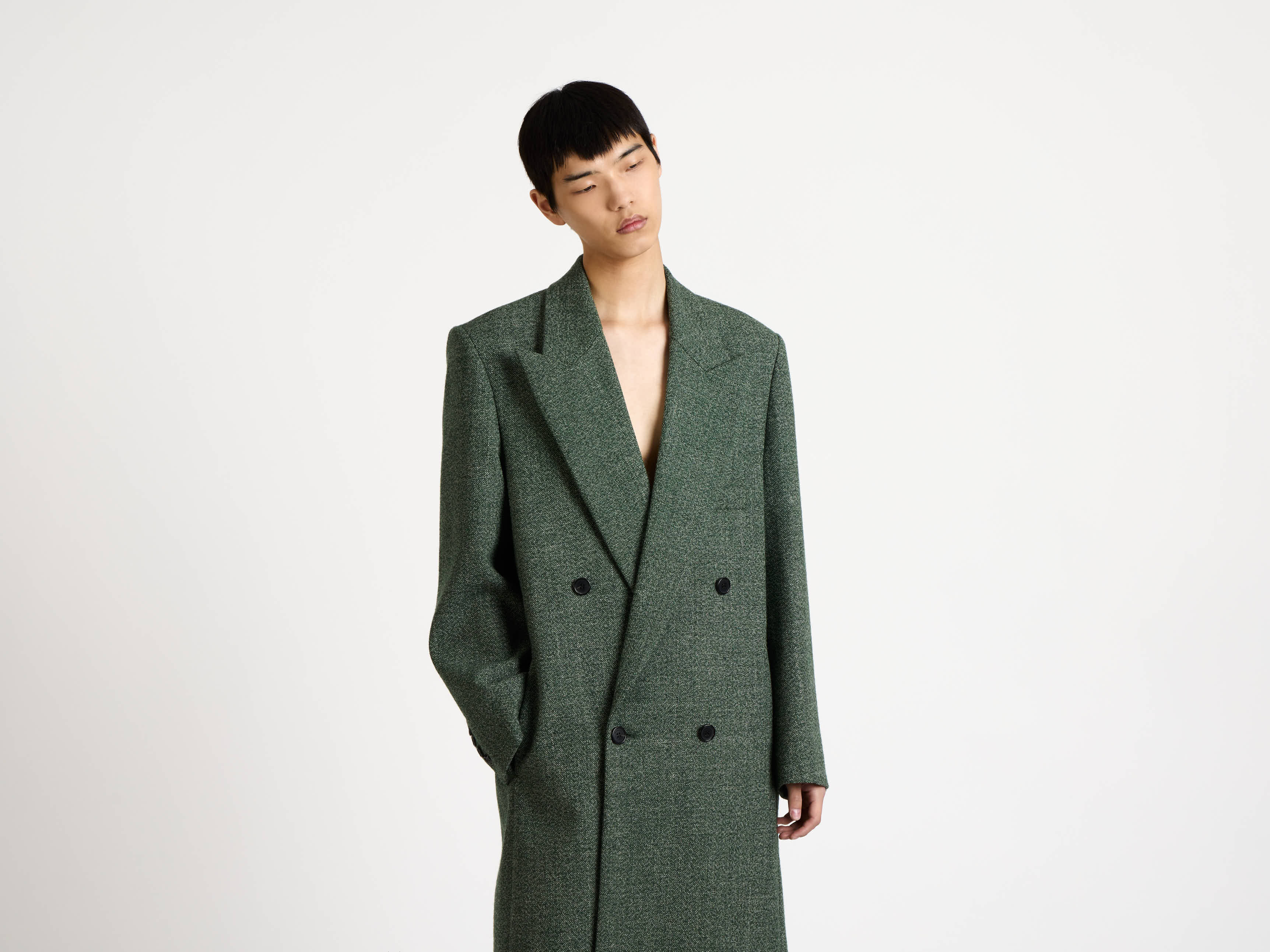MENS DOUBLE BREASTED COAT IN BOTTLE GREEN - Image 5