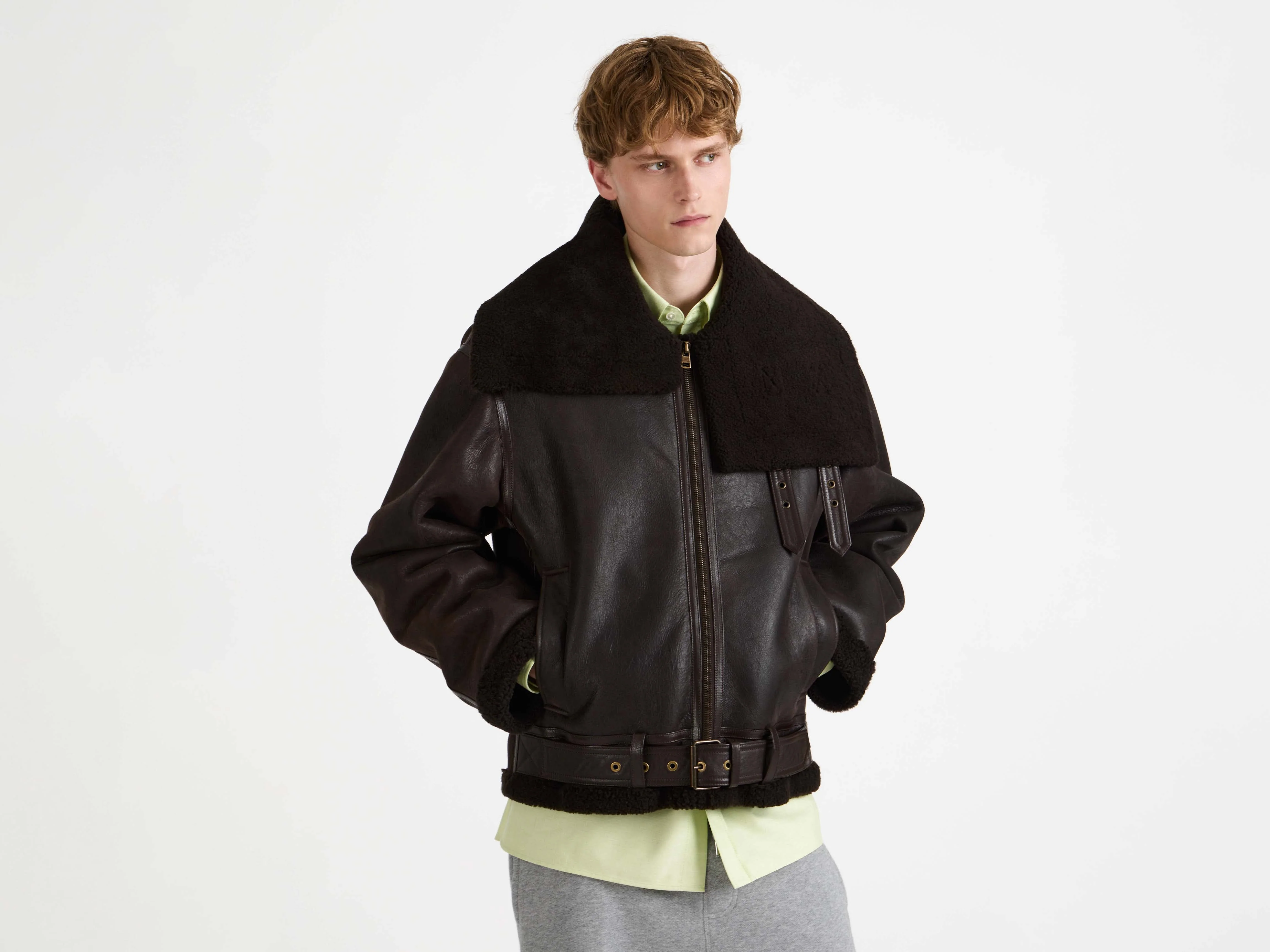 MENS SHEARLING AVIATOR JACKET IN CHOCOLATE BROWN - Image 3