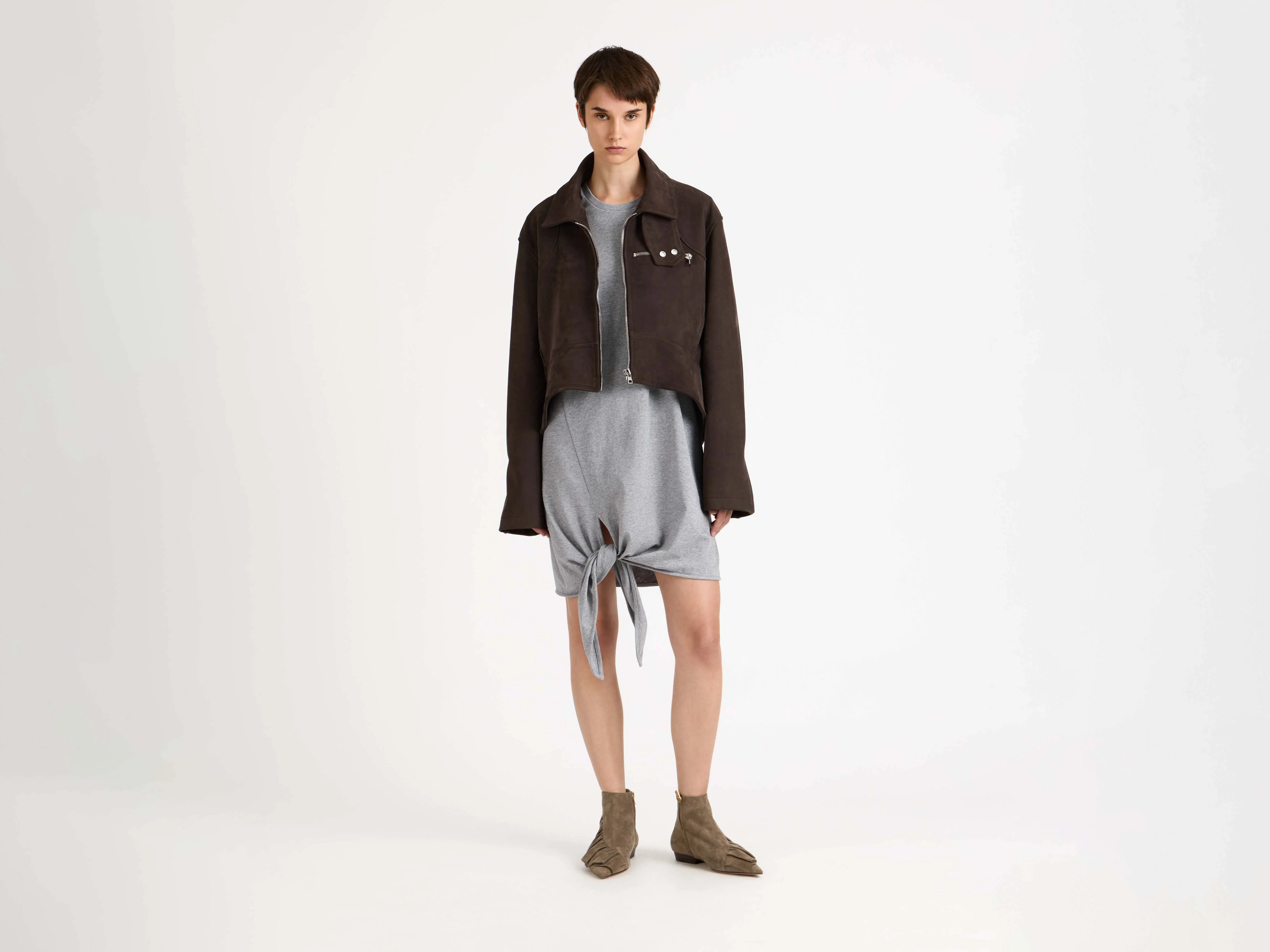 WOMENS CURVED HEM CROPPED BIKER JACKET IN BROWN - Image 3