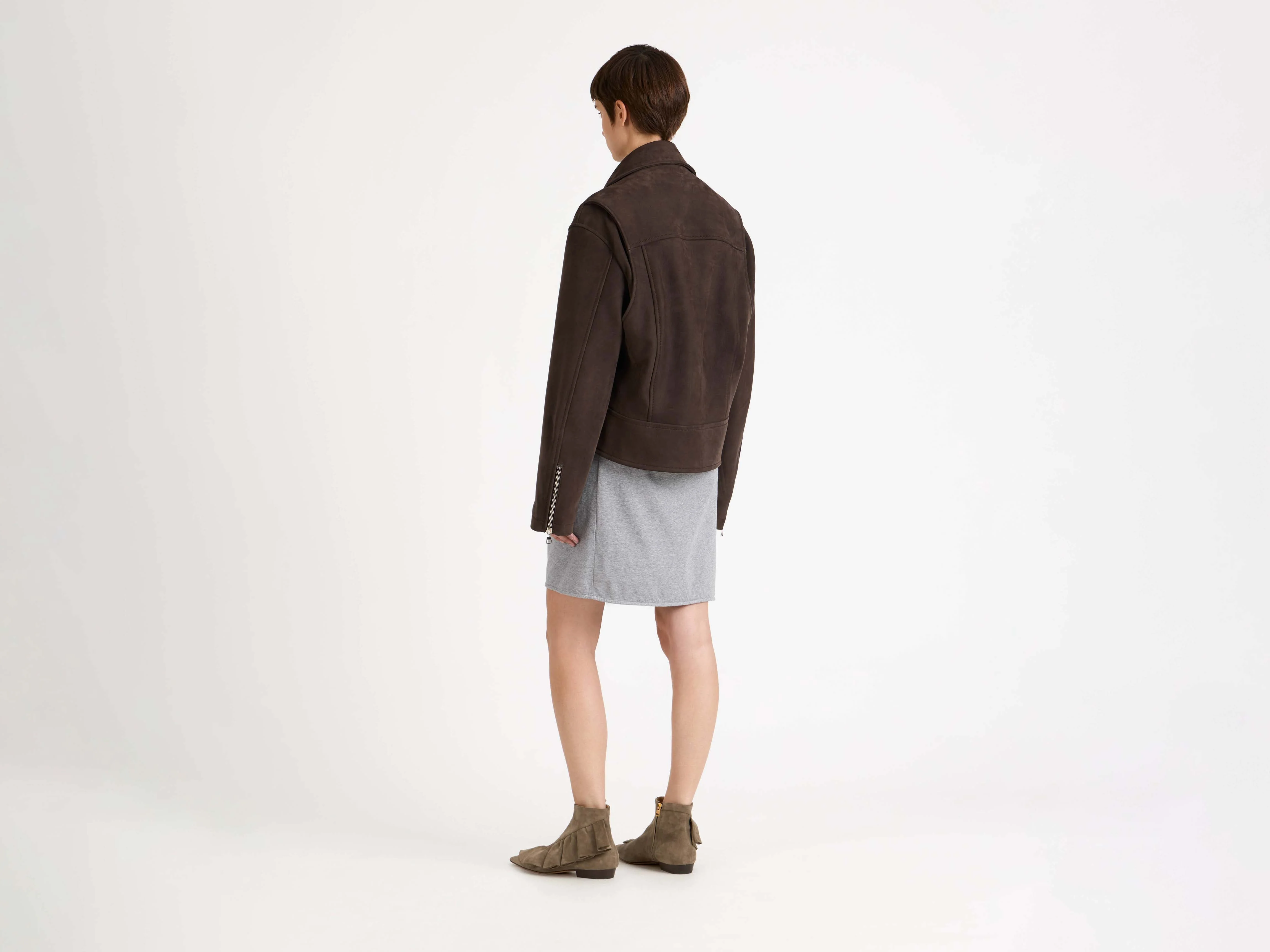 WOMENS CURVED HEM CROPPED BIKER JACKET IN BROWN - Image 5