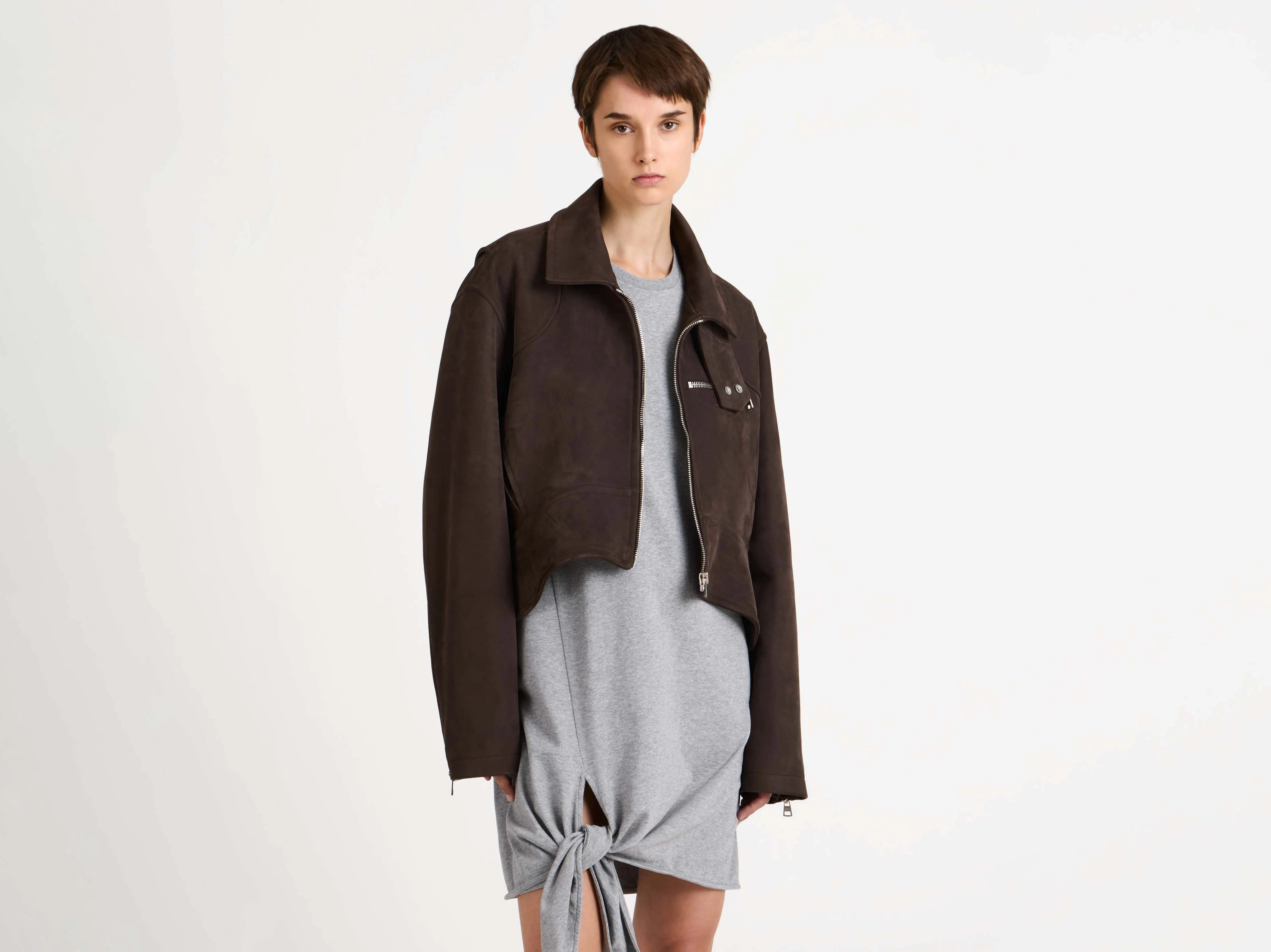 WOMENS CURVED HEM CROPPED BIKER JACKET IN BROWN - Image 7