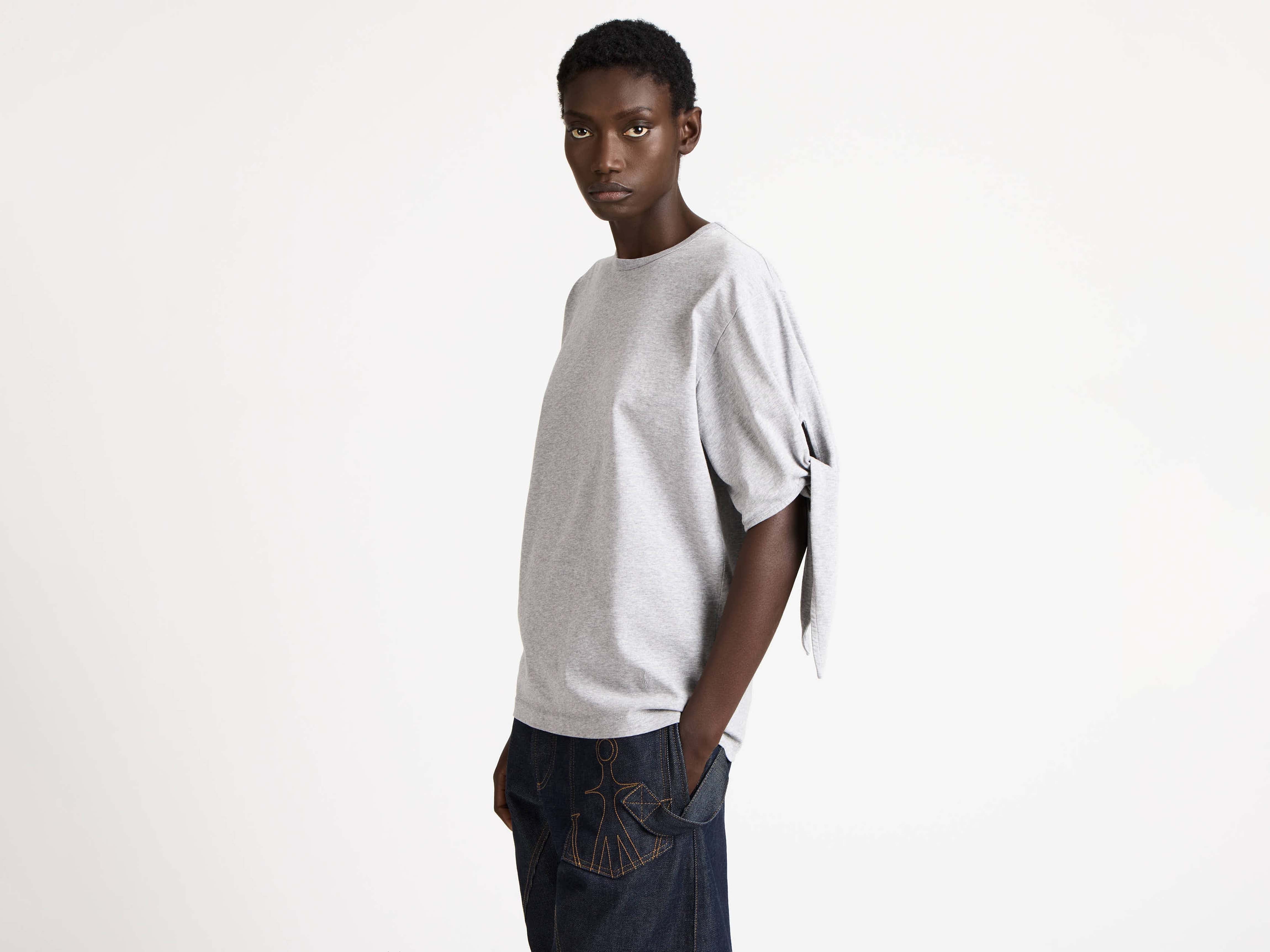 WOMENS KNOTTED SLEEVE T-SHIRT IN MID GREY MELANGE - Image 3