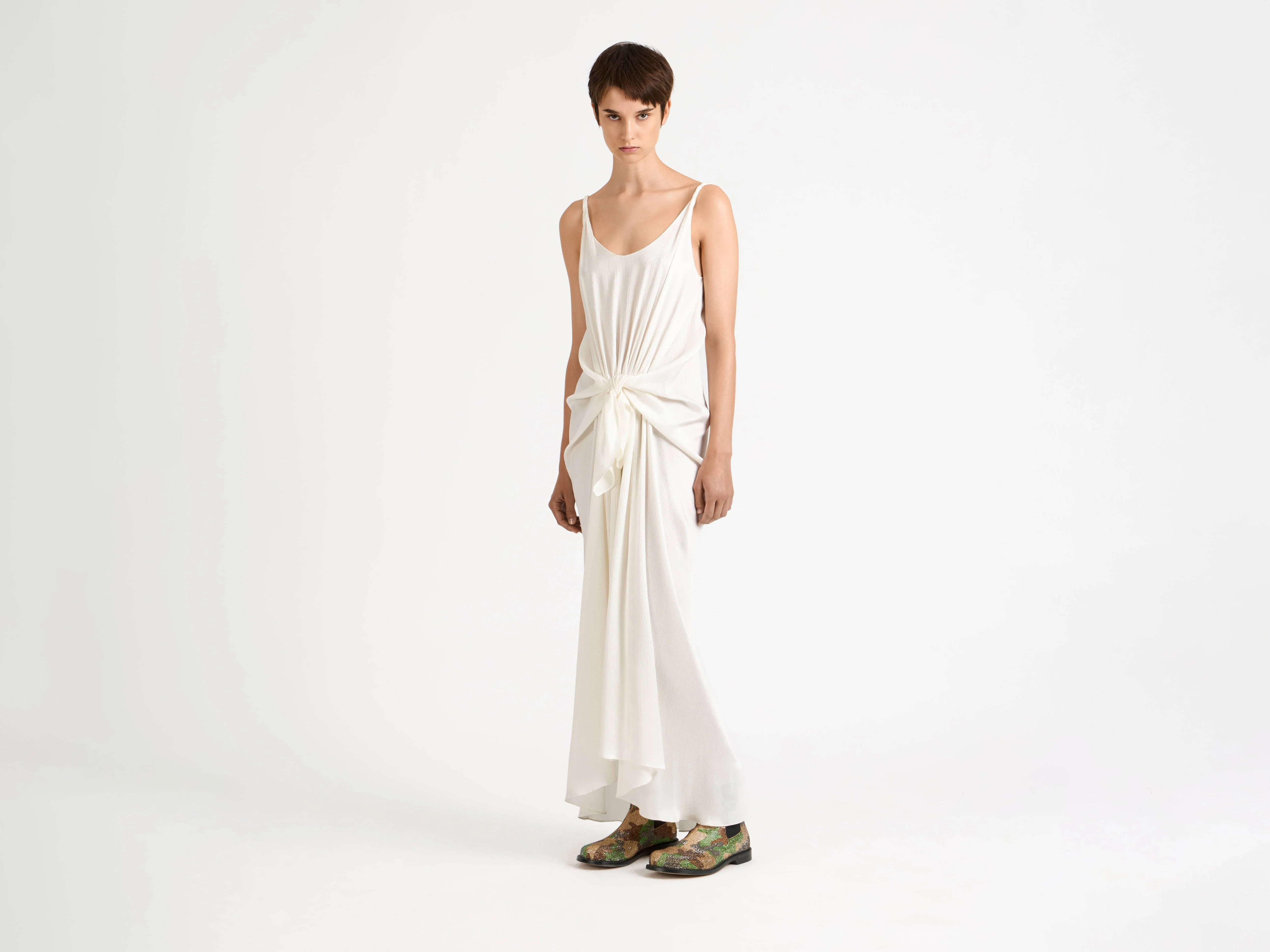 WOMENS KNOTTED WAIST LONGLINE DRESS IN OFF WHITE - Image 4