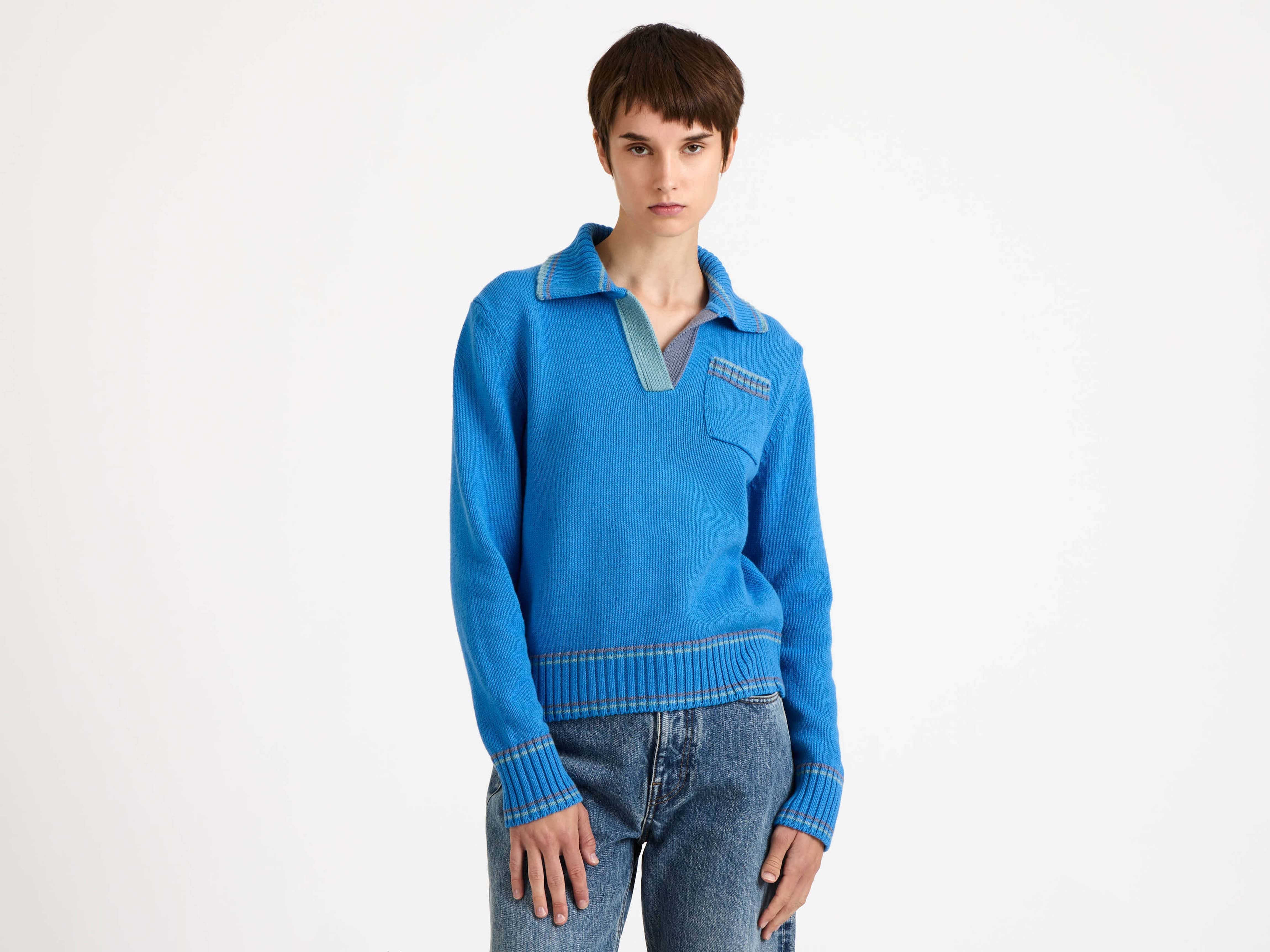 WOMENS SHRUNKEN POLO JUMPER IN CORNFLOWER BLUE - Image 3